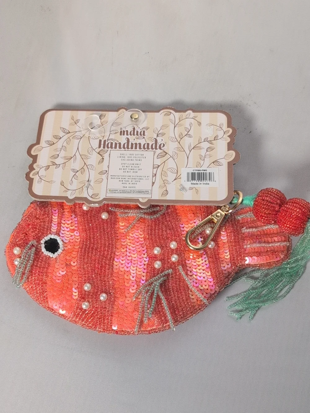 Handmade in India Hand Beaded Fish Zip Coin Purse